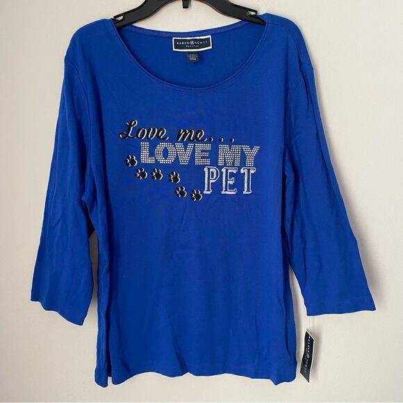 Karen Scott Women’s 3/4 Sleeve ‘Love me love my pet’ Printed Front Tee size PS - Picture 1 of 2